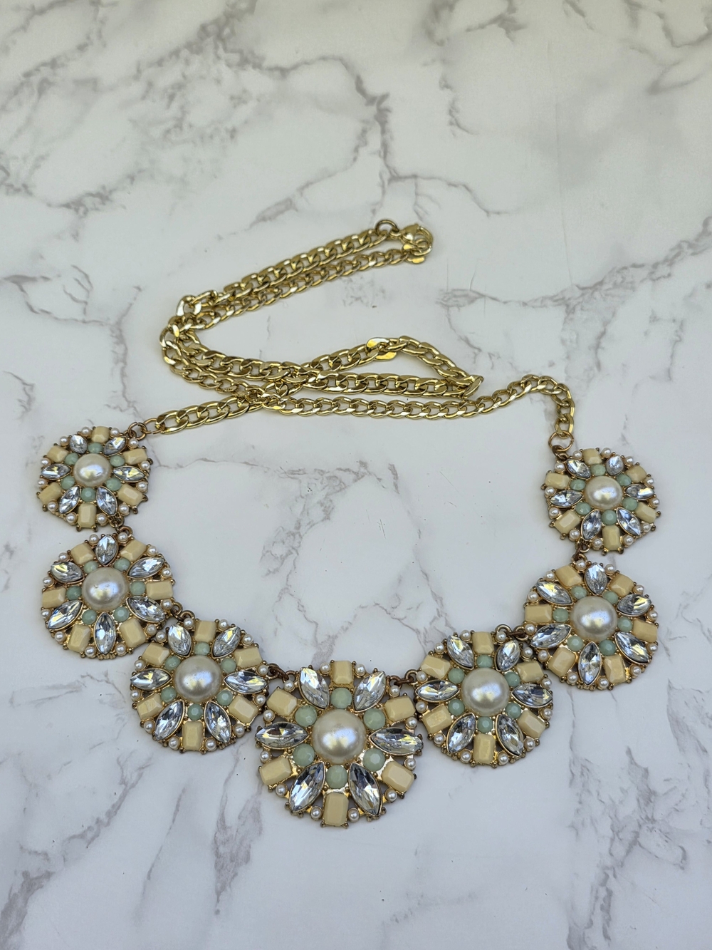 Gold Floral Pearl Statement Necklace in Cream and White